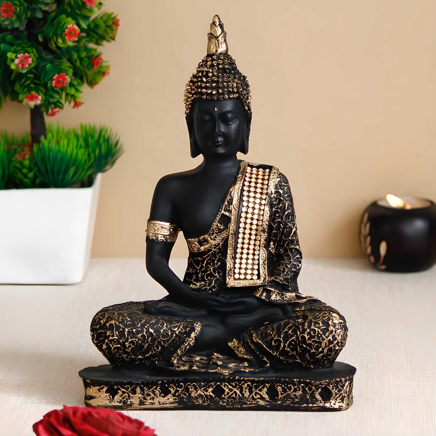 eCraftIndia Black and Golden Meditating Lord Buddha Handcrafted Decorative Showpiece